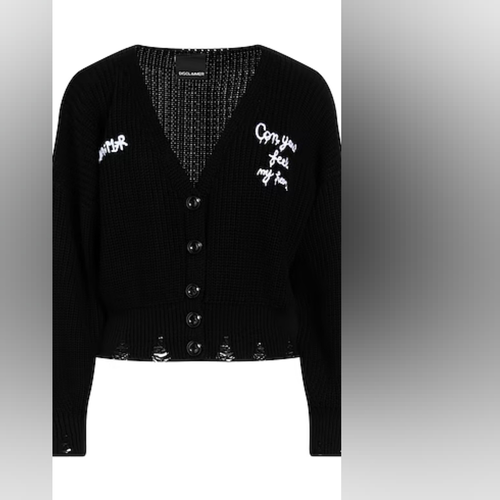 NWT Cardigan Sweater  Embroidered Statememt Letter Logo Distressed Medium BLACK